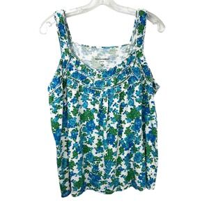 Woman Within Large Tank Top 18/20W Blue Green Floral Cotton Ruffle Vacation 445